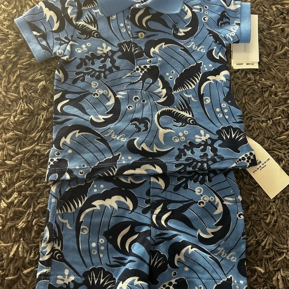 Blue Patterned Polo Shirt and Shorts Set - Picture 2 of 4